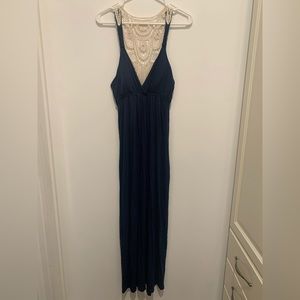 Maternity- pink rose Navy maxi dress with lace backing, size large.